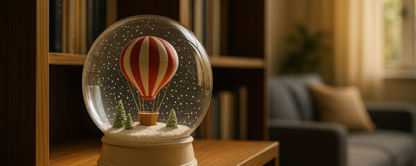 Boule à neige illuminée contenant une montgolfière stylisée, posée sur une étagère dans un intérieur contemporain