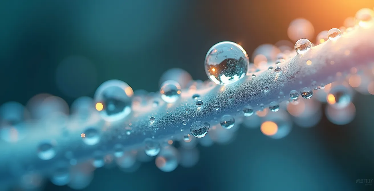 Gouttelettes d'eau se cristallisant sur une fibre capillaire, lumière UV créant des reflets indésirables