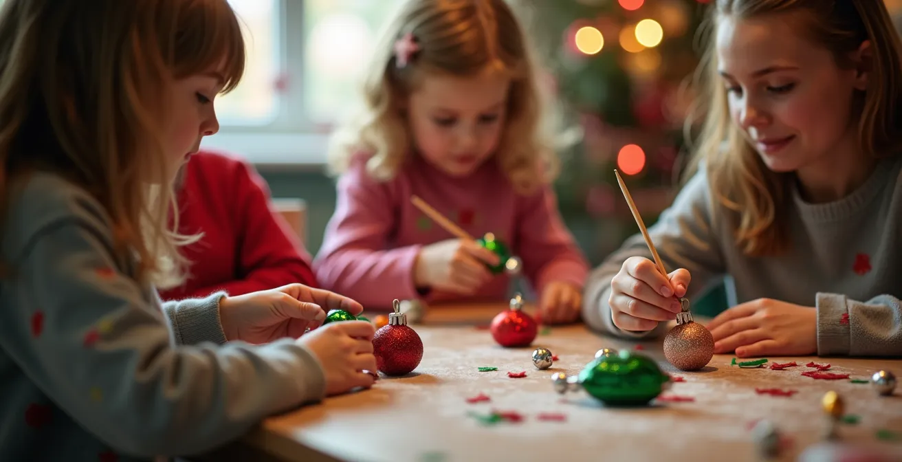 Photo réaliste montrant des enfants et adultes participant à un atelier créatif de Noël avec coloriage et décoration sous lumière douce