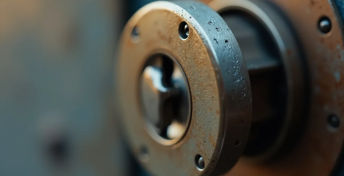Macro photographie d'un cylindre de serrure montrant jeu et usure métallique avec lumière douce et textures fines