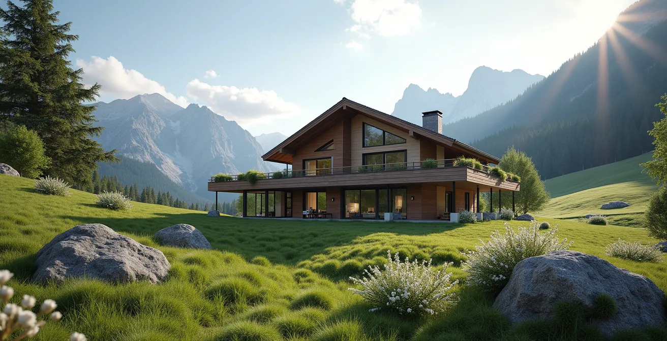 Maison architecturale intégrée élégamment dans un paysage alpin typique de Haute-Savoie