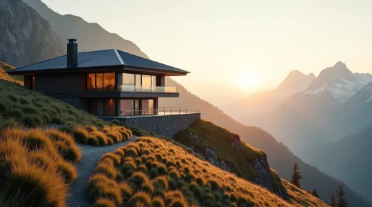 Photographie réaliste d'une maison moderne intégrée dans un paysage alpin de Haute-Savoie, avec une lumière naturelle douce et un cadrage maîtrisé selon la règle des tiers