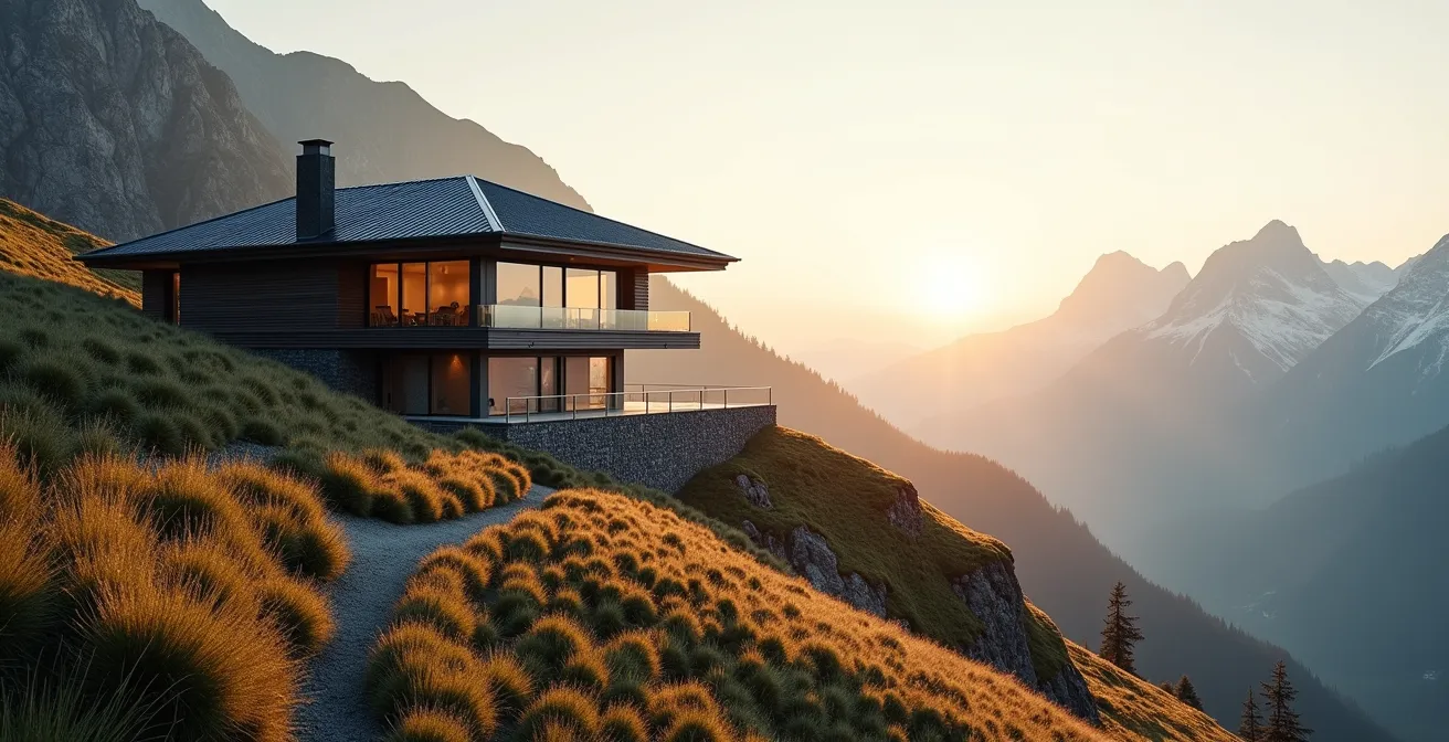 Photographie réaliste d'une maison moderne intégrée dans un paysage alpin de Haute-Savoie, avec une lumière naturelle douce et un cadrage maîtrisé selon la règle des tiers