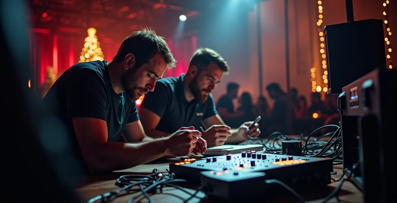 Photographie professionnelle montrant une équipe de régisseurs planifiant la logistique d’un spectacle de Noël avec équipements techniques en arrière-plan