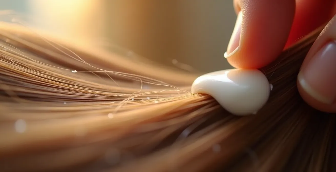 Gros plan sur des mèches de cheveux sains avec cuticules fermées, mains appliquant un masque nourrissant