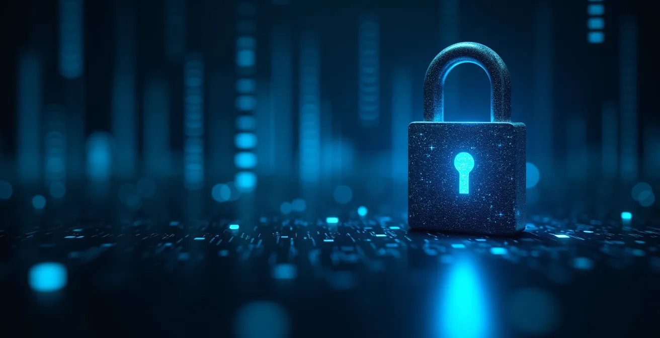 Illustration colorée d’une serrure digitale sur un fond de code informatique évoquant la cybersécurité bancaire