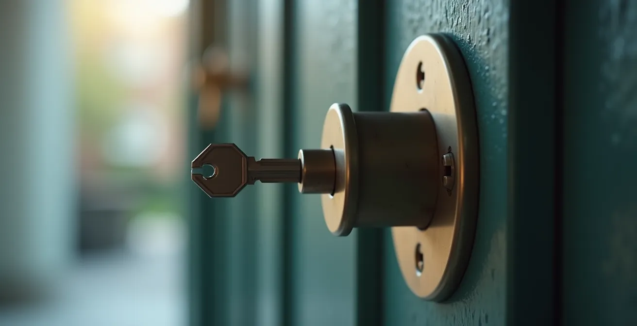 Photo réaliste d'une serrure de porte close-up avec une clé insérée, éclairage cinématographique, textures fines et bokeh naturel