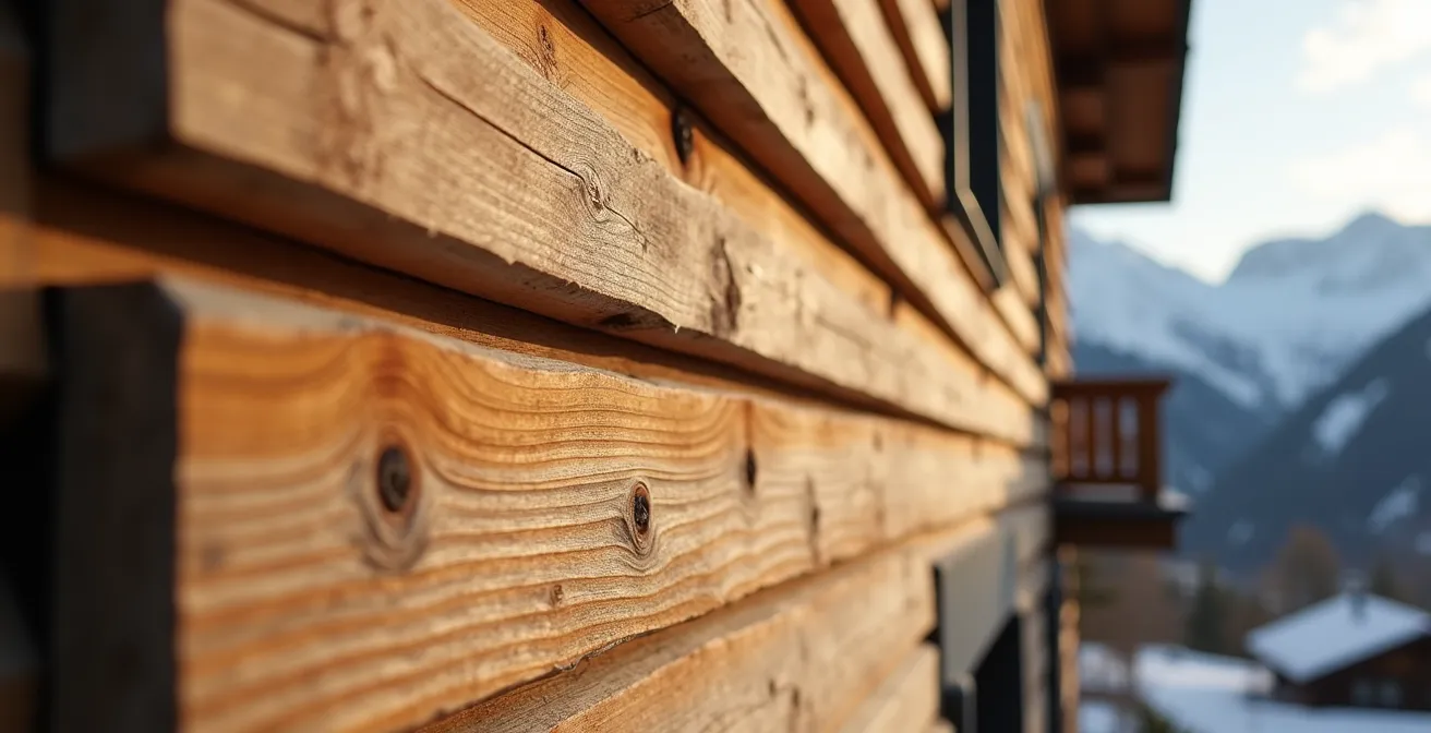 Détail en gros plan d'un bardage en bois naturel sur une maison en montagne en Haute-Savoie