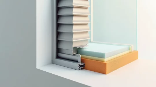 Coupe transversale d'un volet roulant montrant les couches isolantes et la lame d'air thermique