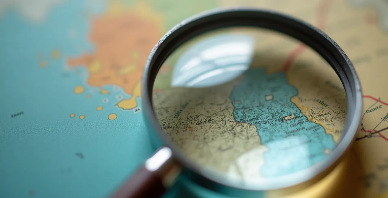 Vue macro d'une loupe examinant des documents avec motifs abstraits