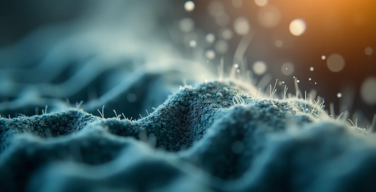 Vue macro de particules industrielles capturées par un filtre HEPA