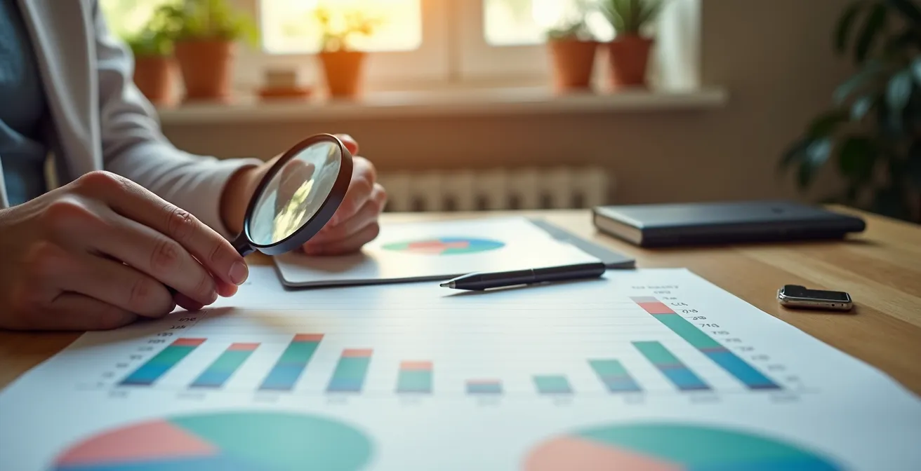 Mains analysant des graphiques de consommation énergétique sur une table de travail