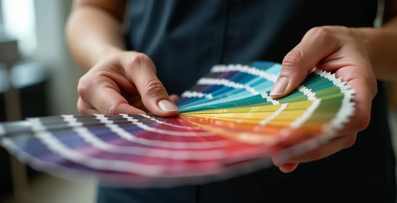 Mains expertes d'un coloriste travaillant avec des nuanciers de couleurs