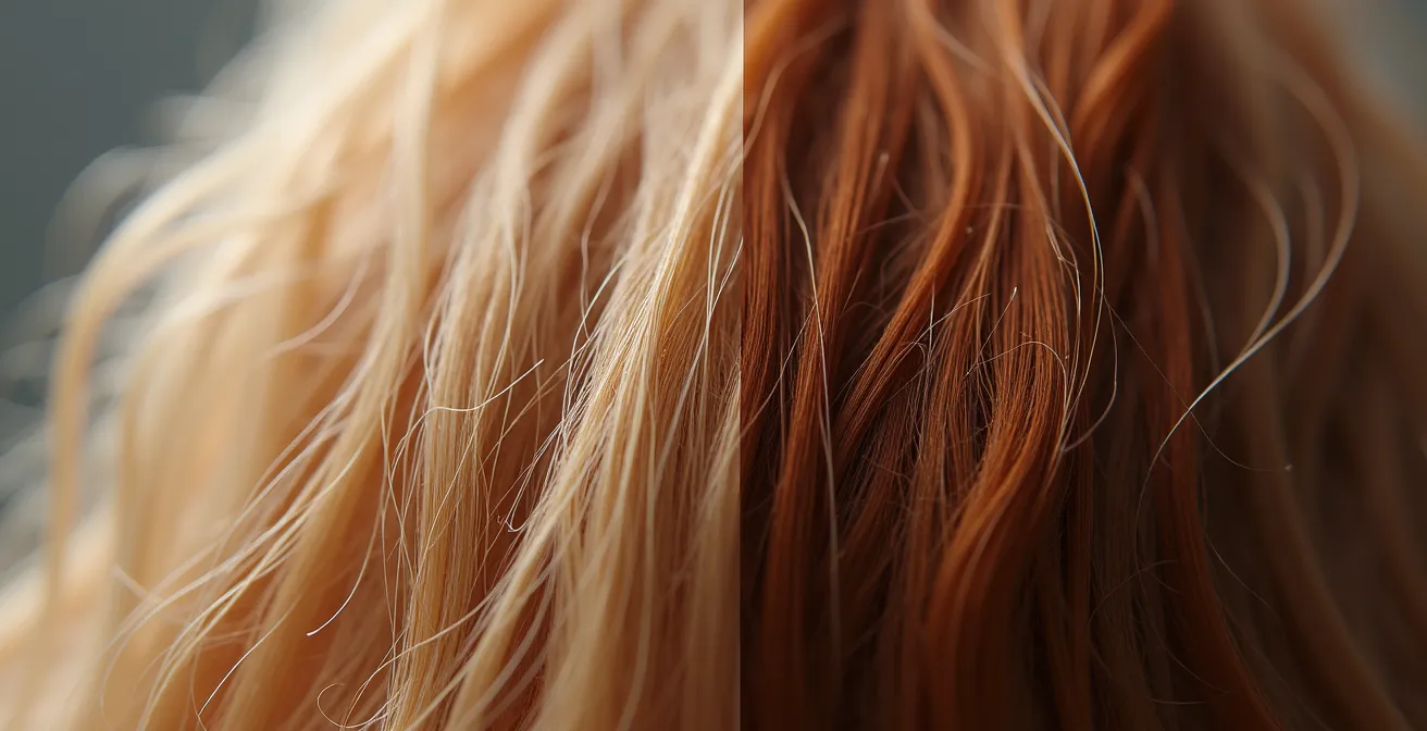 Comparaison visuelle entre cheveux abîmés et cheveux brillants après coloration professionnelle