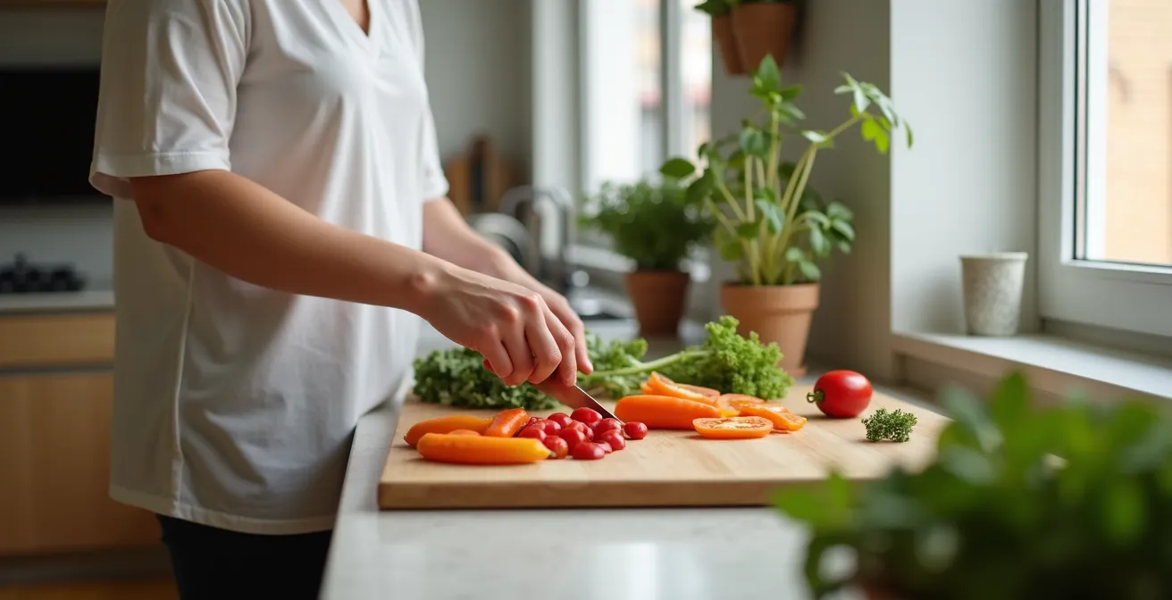 Personne préparant un repas dans la cuisine équipée d'un apparthôtel