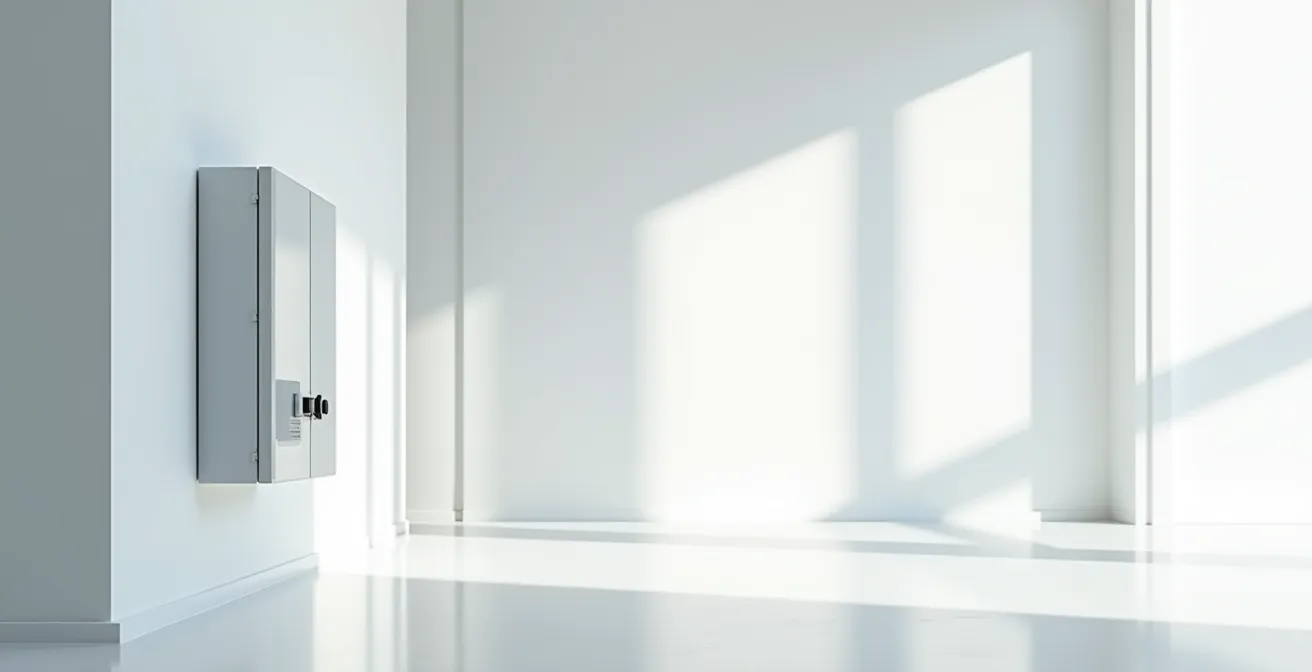 Vue d'ensemble d'un tableau électrique moderne dans son environnement avec éclairage naturel