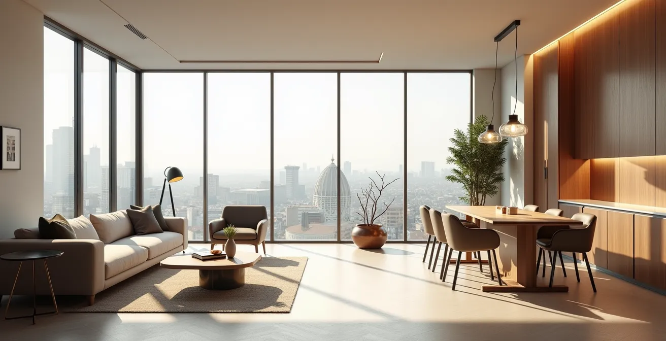 Vue d'ensemble d'un apparthôtel montrant la séparation entre espace travail et détente