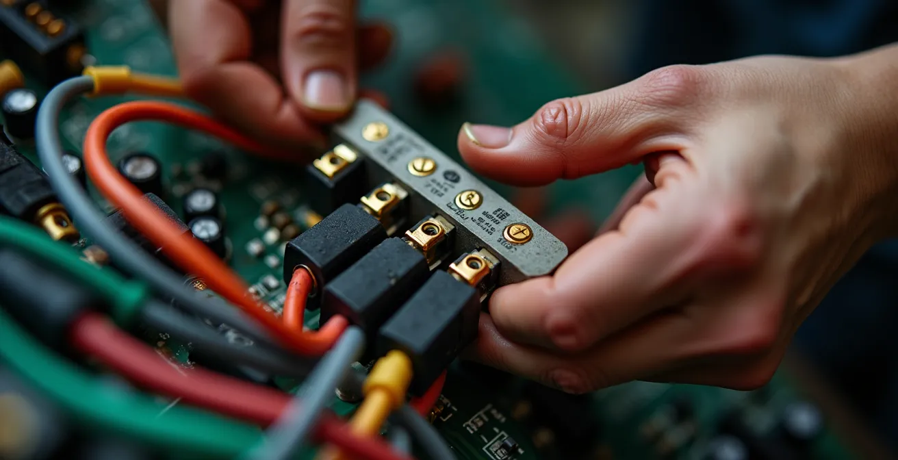 Gros plan sur les mains expertes d'un électricien effectuant des connexions rapides