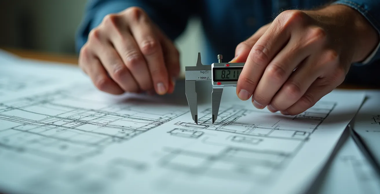 Mains d'expert analysant des plans techniques avec outils de mesure professionnels