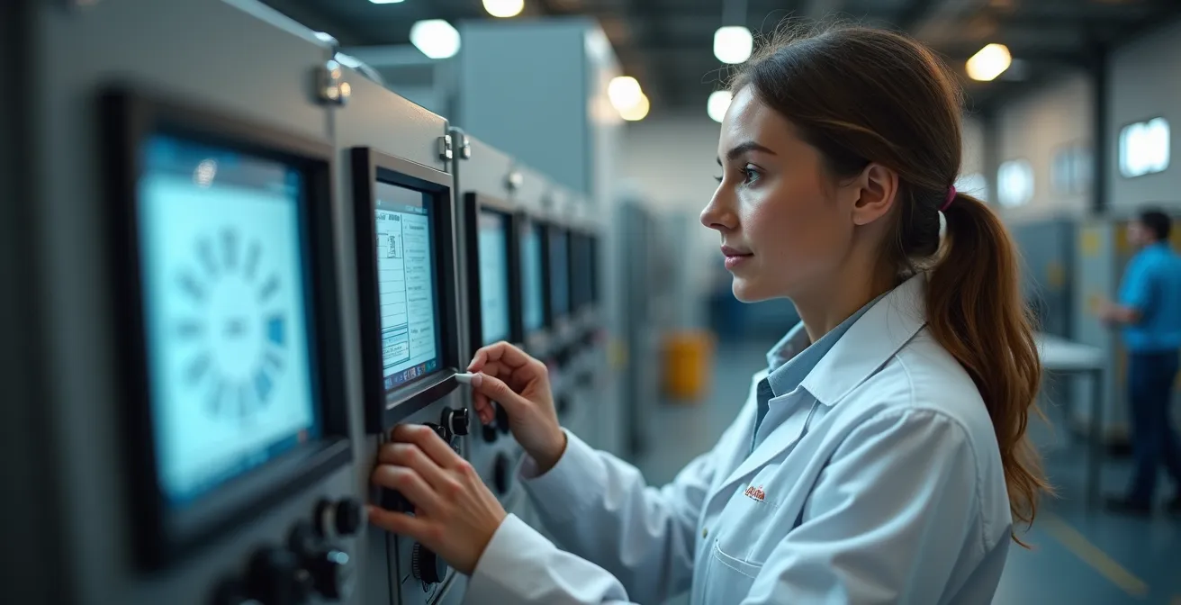 Technicien analysant les métriques de qualité d'air sur panneau de contrôle industriel