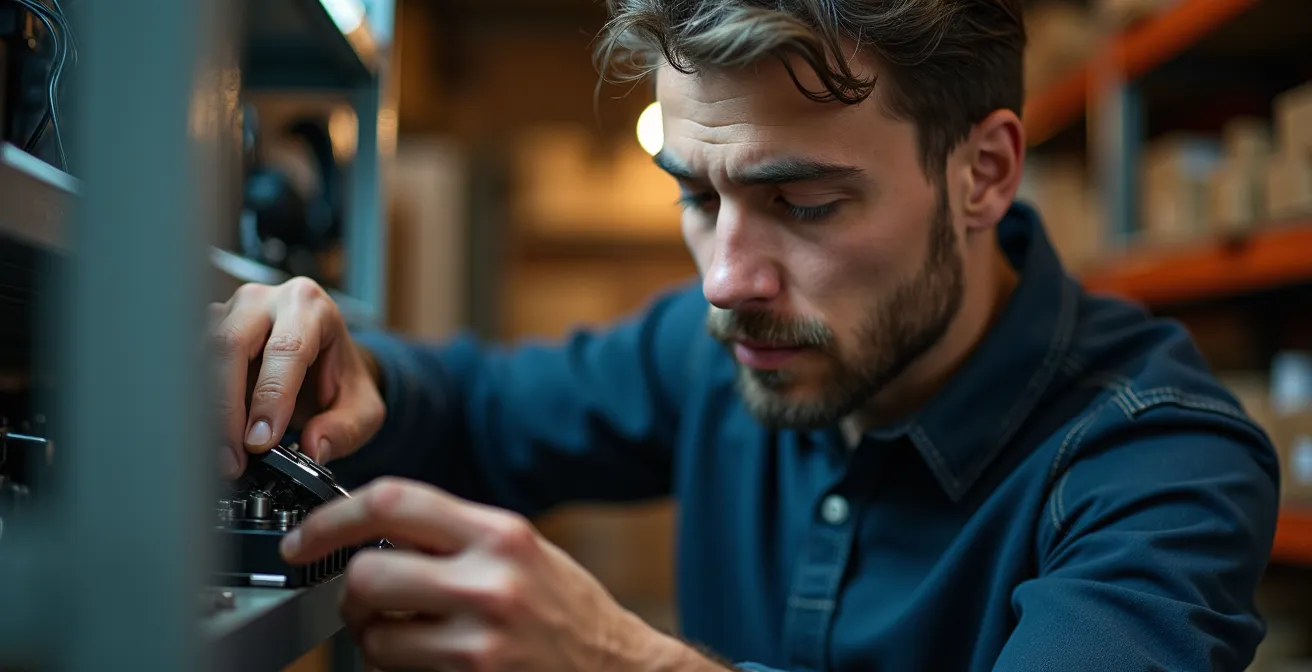 Professionnel sélectionnant des composants électriques avec concentration et expertise