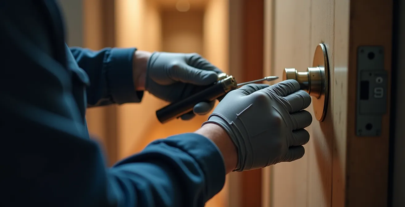 Serrurier professionnel examinant une serrure après effraction
