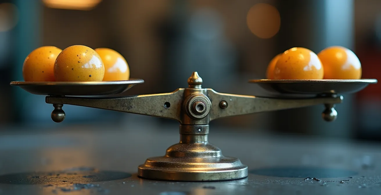 Composition minimaliste avec balance métallique et sphères représentant différentes options énergétiques