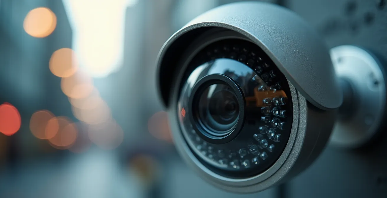 Gros plan sur une caméra dôme de surveillance moderne avec reflets métalliques