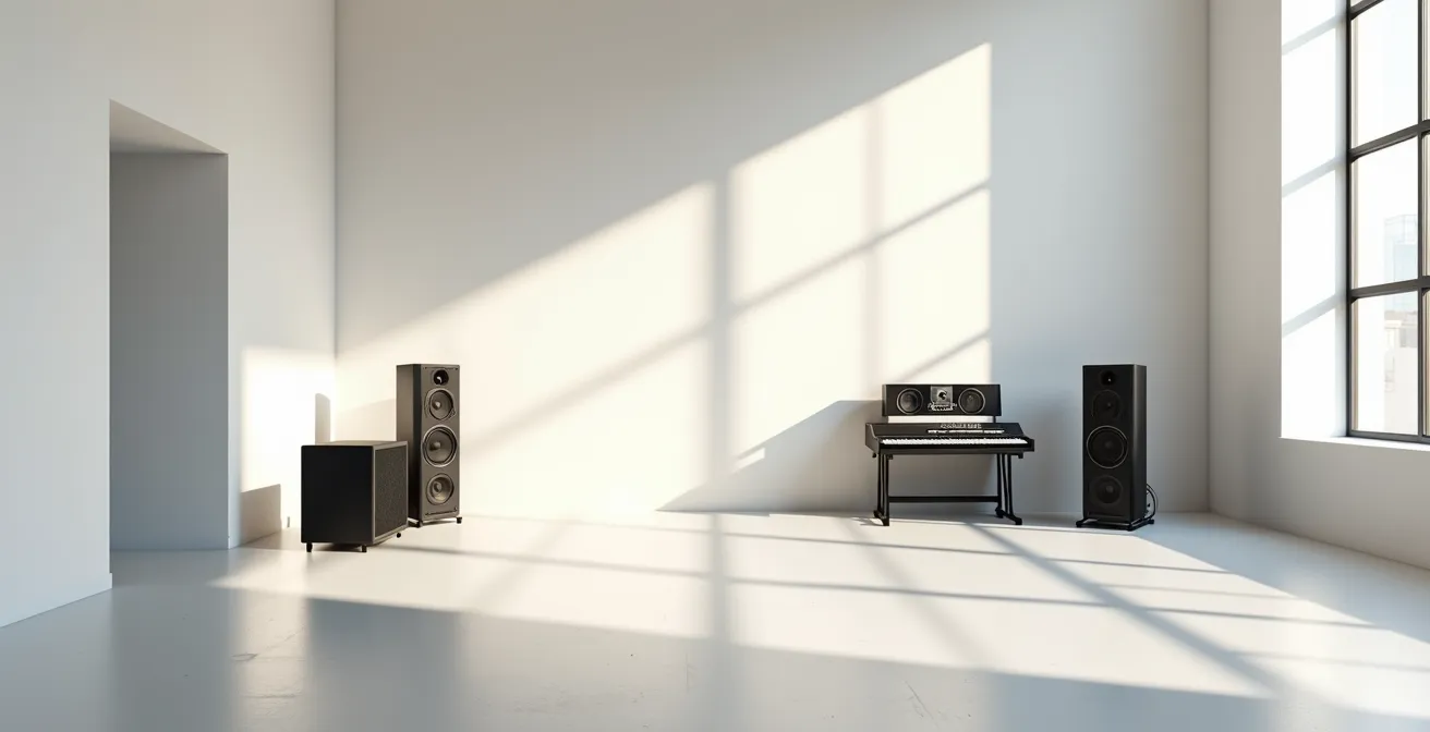 Studio d'enregistrement minimaliste avec équipement audio professionnel dans un environnement épuré