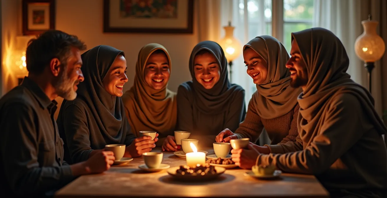 Parents et enfants réunis autour d'une table avec dates et thé, moment de partage spirituel