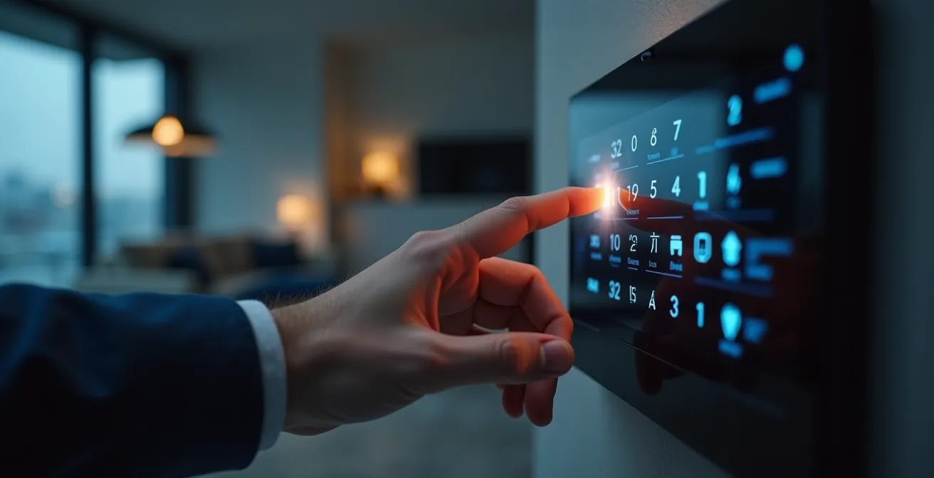 Main activant un système de sécurité moderne avec éclairage dramatique