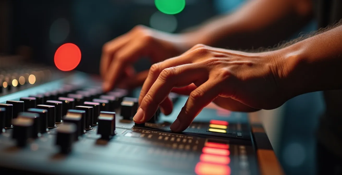 Mains d'un ingénieur du son ajustant des faders sur une console de mixage professionnelle