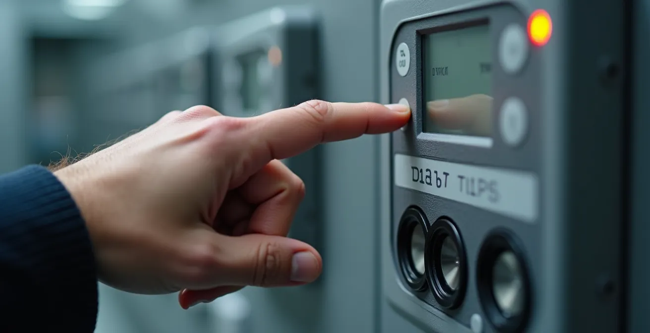 Gros plan sur les mains d'un technicien vérifiant les données d'un compteur électrique professionnel