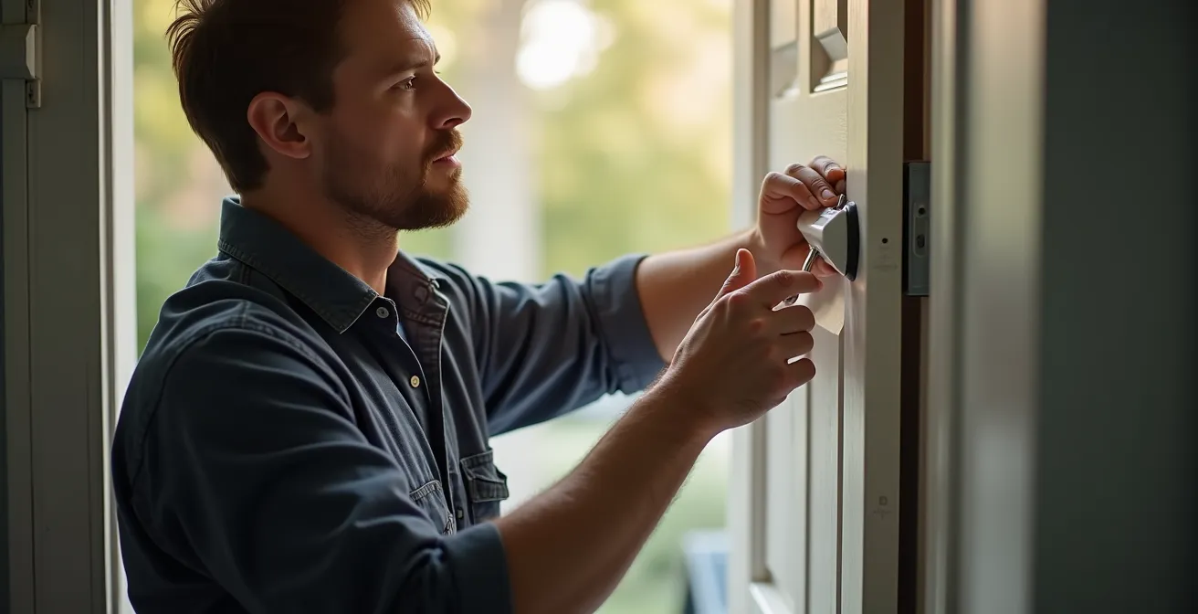 Technicien professionnel installant un détecteur sur une porte d'entrée