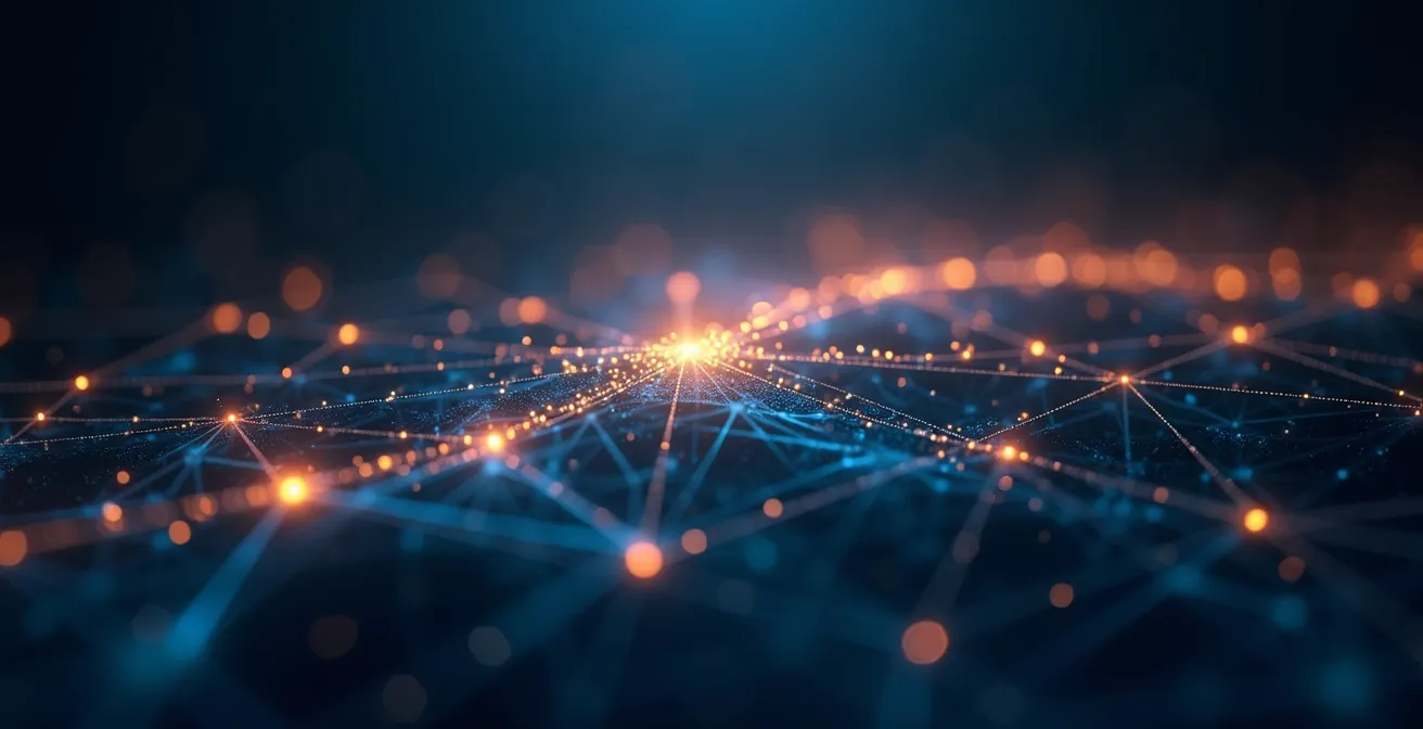 Réseau de lignes lumineuses interconnectées symbolisant la traçabilité blockchain