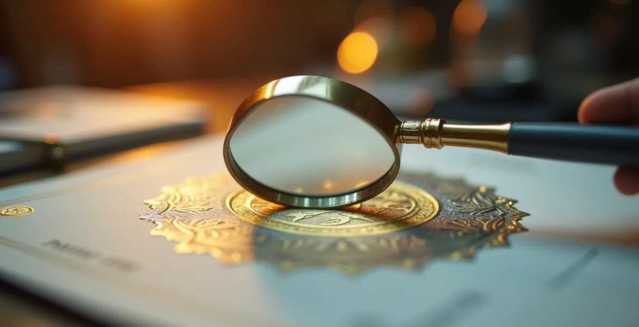 Main tenant une loupe examinant un document officiel avec tampon doré