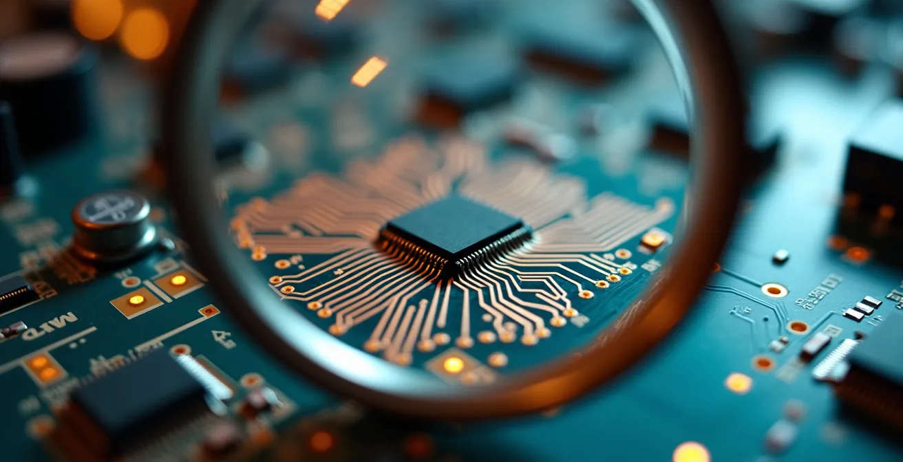 Vue macro d'un circuit électronique examiné à la loupe, symbolisant l'analyse détaillée de la maturité d'un projet