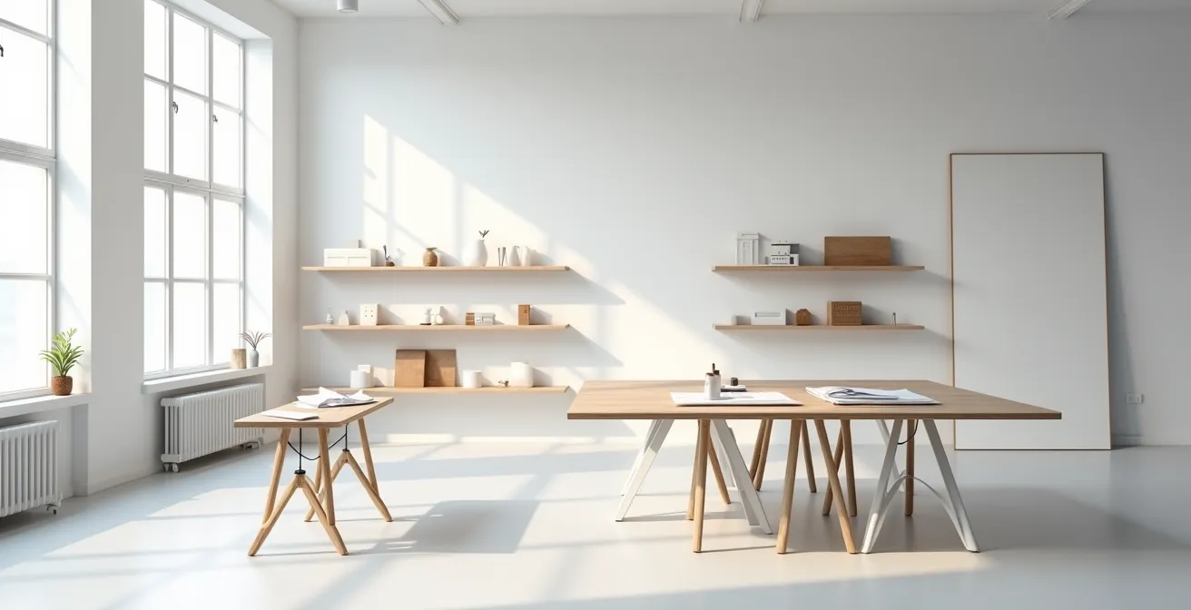 Vue large d'un atelier d'architecture moderne avec espace épuré