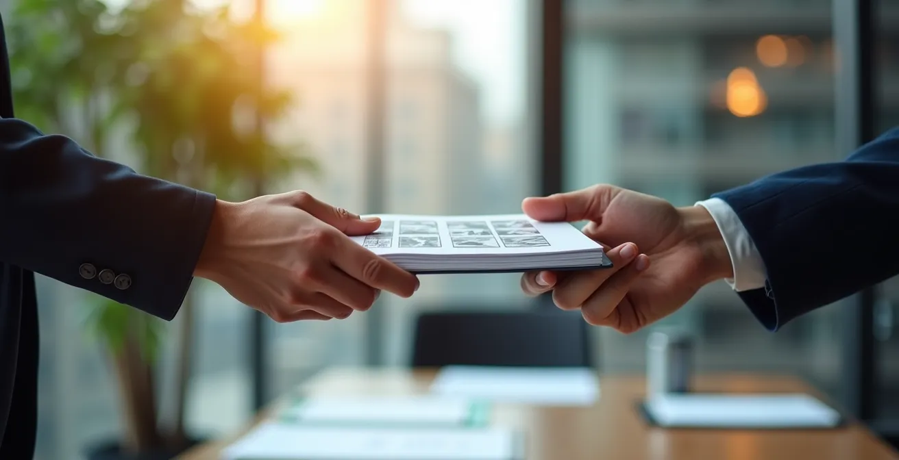 Gros plan sur des mains échangeant des documents lors d'une évaluation de dossier