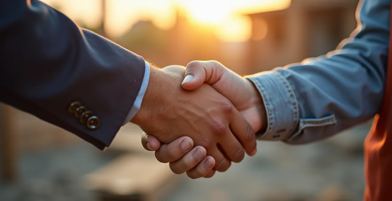 Poignée de main chaleureuse entre client et professionnel du bâtiment