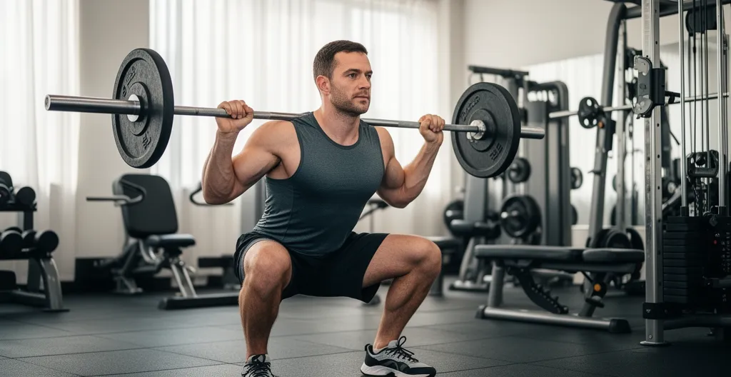 Homme réalisant un squat avec barre dans une salle de musculation moderne