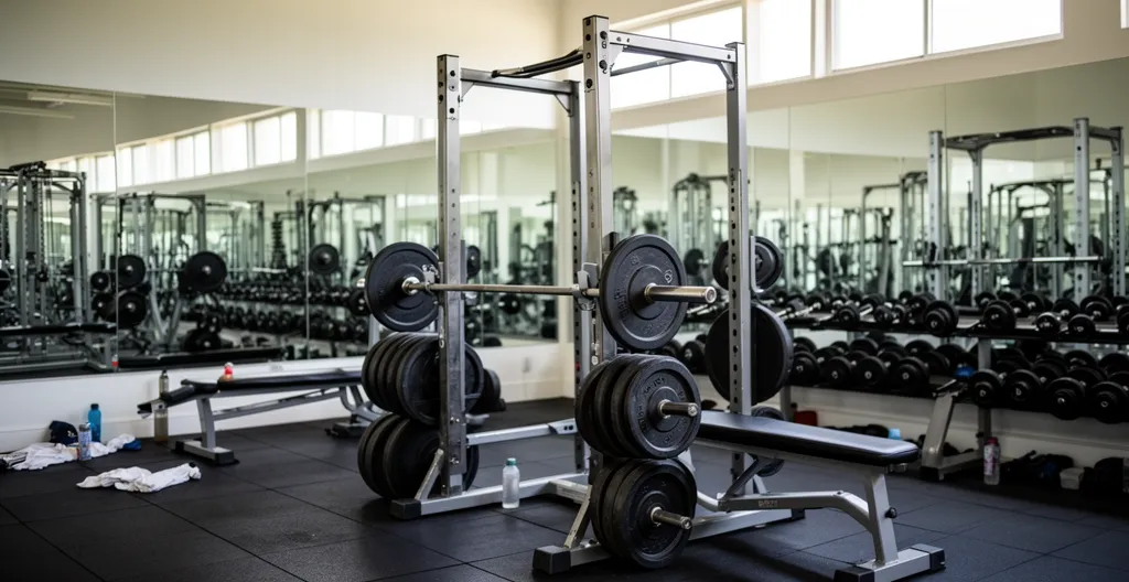 Rack de squat avec barre chargée dans une salle de musculation équipée