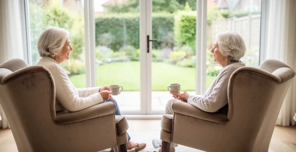 Deux résidentes prenant un café dans le salon lumineux d'une résidence