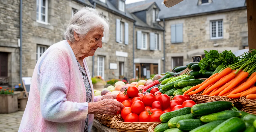 Femme senior parcourant les étals d'un marché de village en Bretagne
