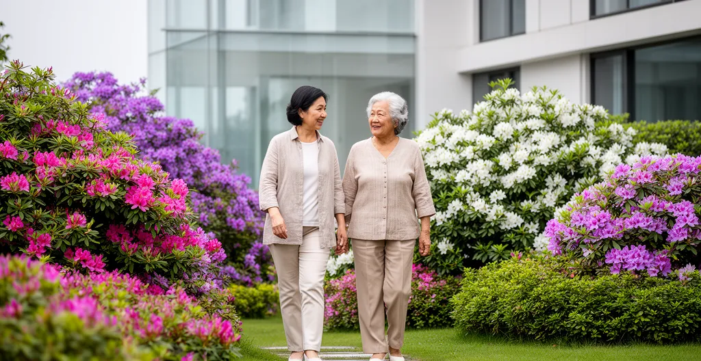 Mère et fille visitant ensemble le jardin d'une résidence senior