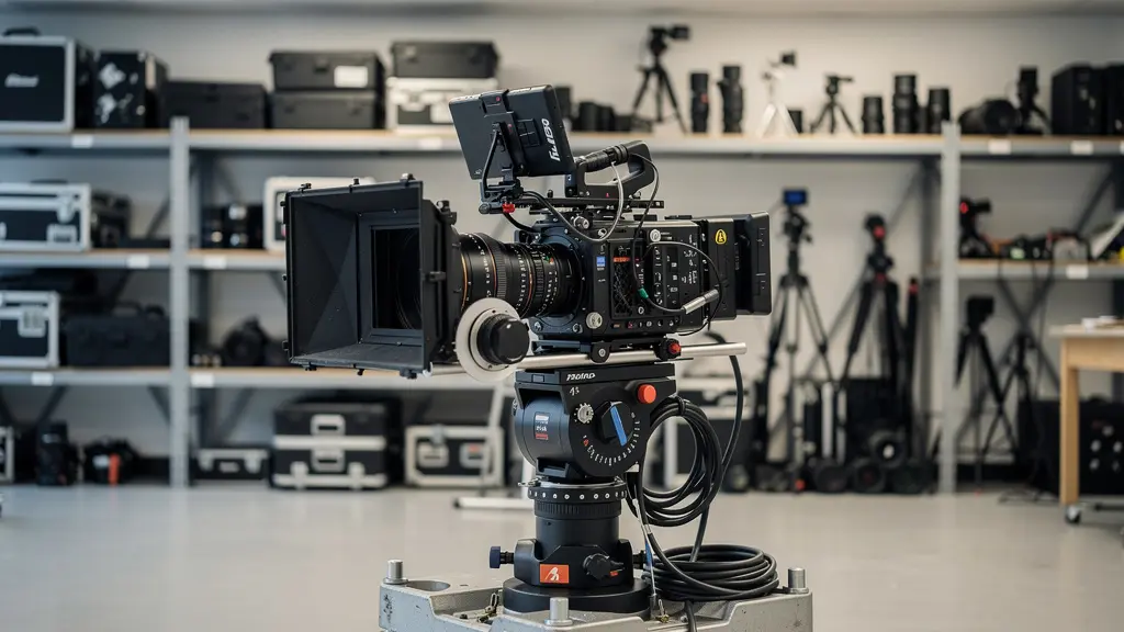 Caméra cinéma professionnelle sur dolly en préparation location matériel tournage