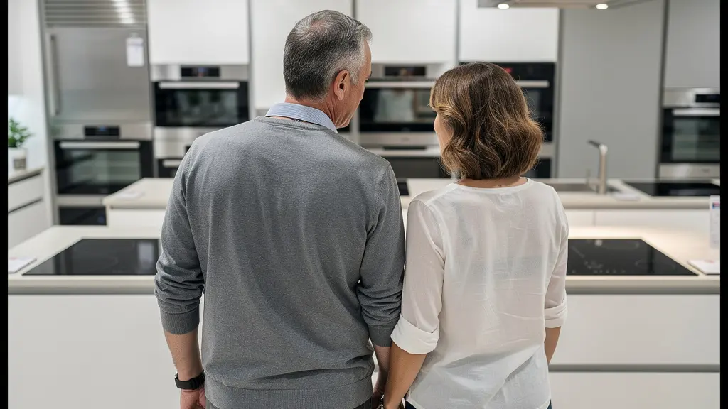 Couple observant des plaques de cuisson dans un showroom d'électroménager