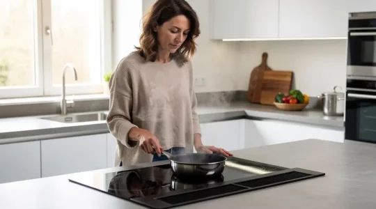 Femme préparant un repas sur une plaque à aspiration intégrée dans une cuisine ouverte moderne