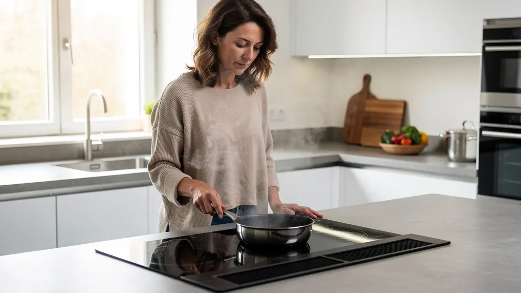 Femme préparant un repas sur une plaque à aspiration intégrée dans une cuisine ouverte moderne