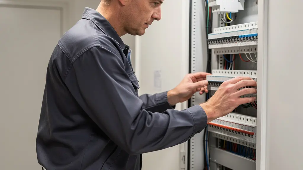 Électricien vérifiant un tableau électrique dans une maison pour installation de plaque induction